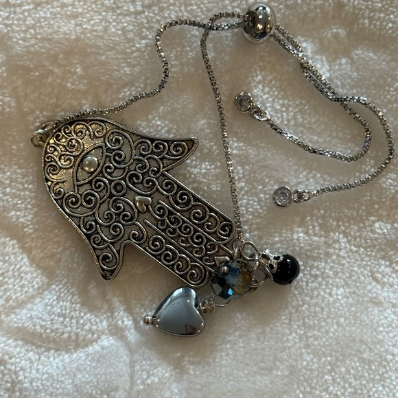 Adjustable Silver Hamsa Bracelet W/ Wrapped Charms – Filigree Protection Jewelry - Picture 4 of 7